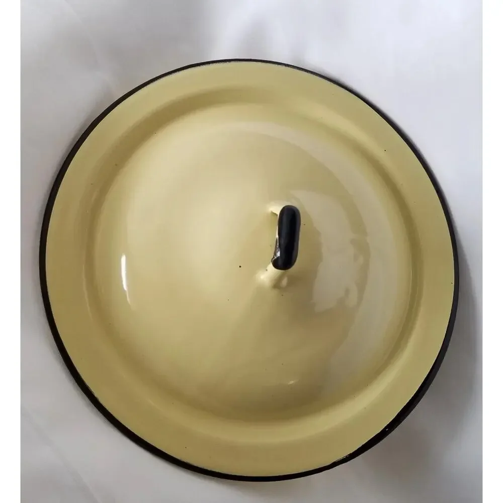 Yellow Enamelware Pan Lid with Black Lip Edge 8 inches Metal Vintage MCM
